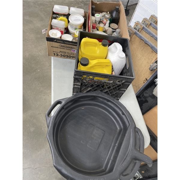 2 BOXES AND 1 MILK CRATE OF VARIOUS BOTTLES OF SHOP SPRAYS. ANTIFREEZE, LIQUID AUTO BODY RESIN AND A