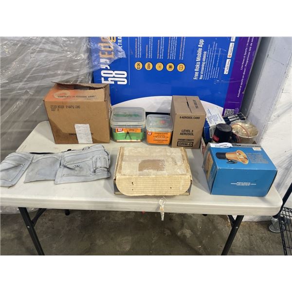 LARGE LOT OF ASSORTED VINTAGE ITEMS - ALARM HORN, NAILS, SHOP FLUIDS, FACEMASKS, ETC