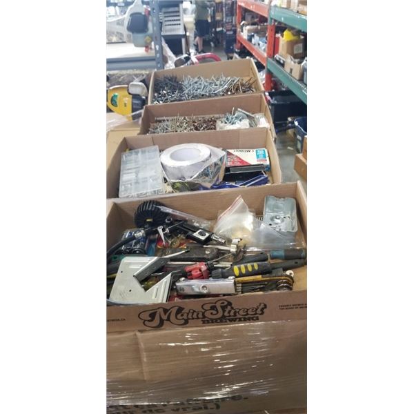 2 TRAYS OF ASSORTED HAND TOOLS AND 2 TRAYS OF ASSORTED HARDWARE