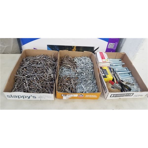 3 TRAYS OF ASSORTED NAILS AND HARDWARE, AND ANCHOR BOLTS ETC