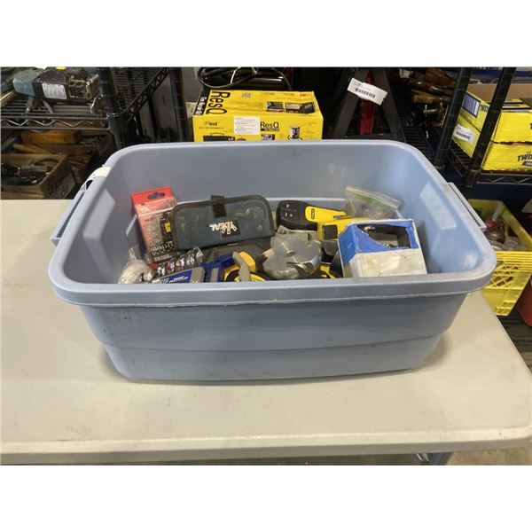 TOTE OF ASSORTED HAND TOOLS AND SHOP SUPPLY