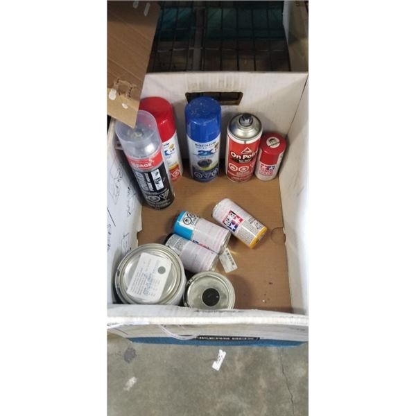 BOX OF SPRAY PAINT AND PAINT