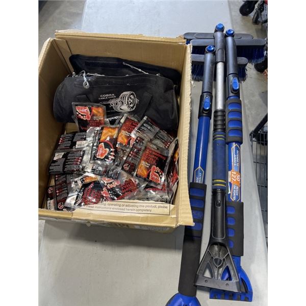 SNOW BRUSHES AND HAND AND TOE WARMERS WITH TIRE CABLE CHAIN SET