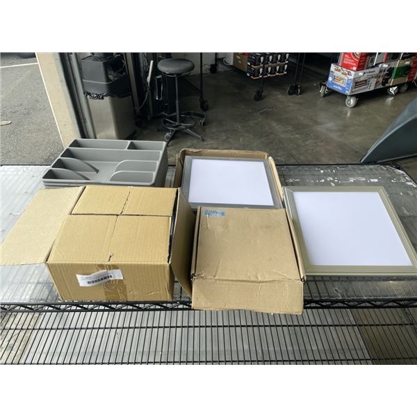 CASE OF NEW SHOWER HEADS, PLASTIC CUTLERY TRAYS AND LED PANEL LIGHTS