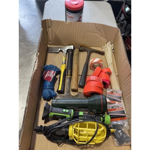 BOX OF SHINGLE HAMMERS, FLAGGING TAPE FLASHLIGHTS AND MORE
