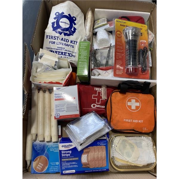BOX OF FIRST AID AND EMERGENCY SUPPLIES
