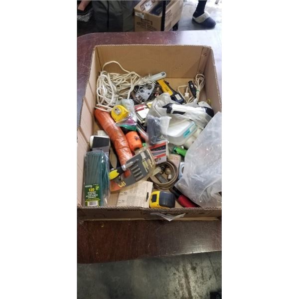 BOX OF TOOLS,, MEASURING TIPS, SHOP SUPPLIES AND MORE