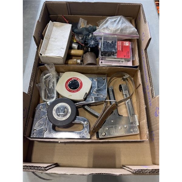 TRAY OF STAPLERS, TAPE MEASURERS, GLAVANIZED STRAPPING
