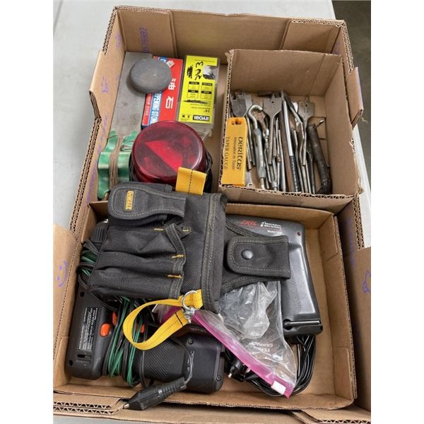 TRAY OF SHOP TOOLS INCLUDING POWER DRILL, SANDING STONES, EMERGENCY LIGHT, DRILL SPADES, DEWALT TOOL