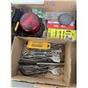 Image 2 : TRAY OF SHOP TOOLS INCLUDING POWER DRILL, SANDING STONES, EMERGENCY LIGHT, DRILL SPADES, DEWALT TOOL