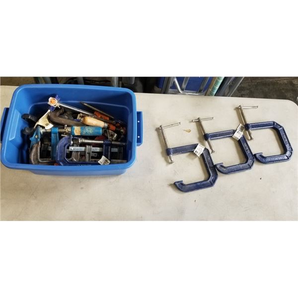 TOTE OF SMALL CLAMPS AND 3 IRWIN 3 INCH WIDE MOUHT CLAMPS