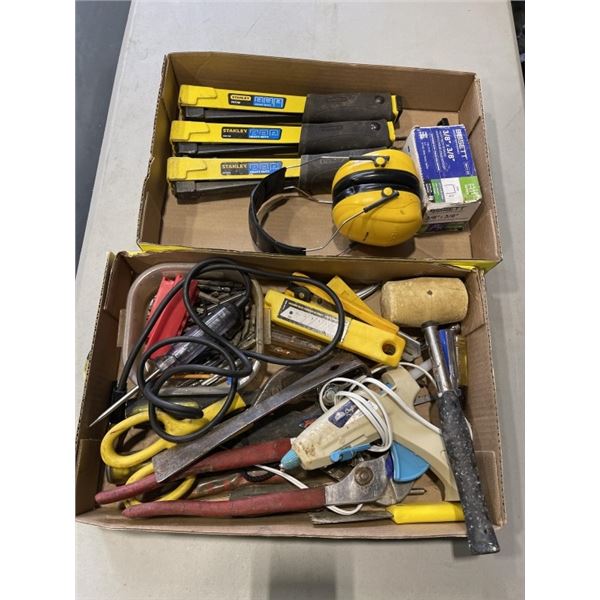 2 TRAYS OF ASSORTED HAND TOOLS, STAPLERS ETC