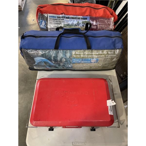 2 ROOMDOME TENT, SHOWER AND CHANGE ROOM TENT, AND PORTABLE CAMP STOVE