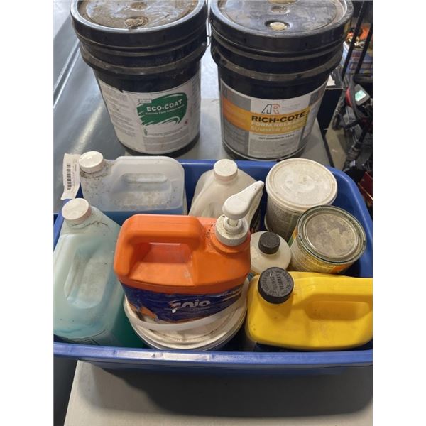 2 HALF EMPTY JUGS OF CONCRETE FORM RELEASE AND TOTE OF ASSORTED FLUIDS