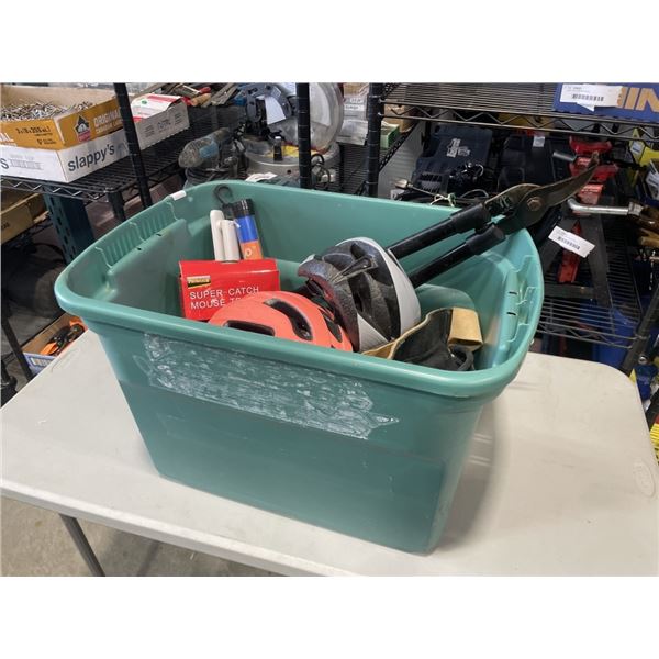 TOTE OF ASSORTED BIKE HELMETS, PRUNERS, MOUSE TRAP ETC