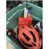 Image 3 : TOTE OF ASSORTED BIKE HELMETS, PRUNERS, MOUSE TRAP ETC