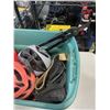 Image 4 : TOTE OF ASSORTED BIKE HELMETS, PRUNERS, MOUSE TRAP ETC