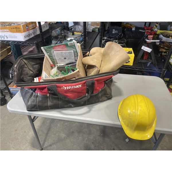 TOOL TOTE OF ASSORTED HAND TOOLS AND SHOP SUPPLY