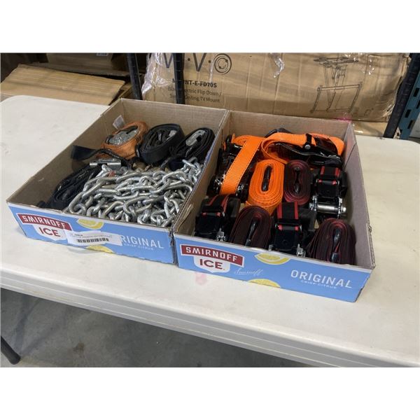2 TRAYS IOF ASSORTED RATCHET STRAPS AND CHAIN