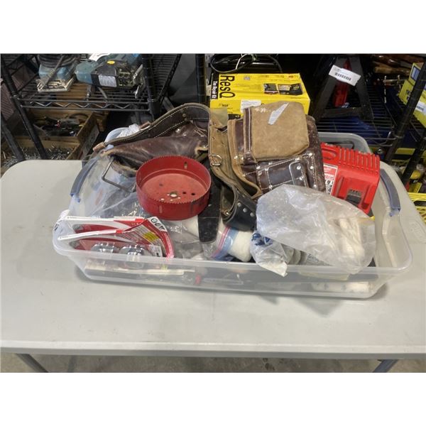 TOTE OF ASSORTED SHOP SUPPLY, TOOL BELT, MILWAUKEE CHARGER ETC