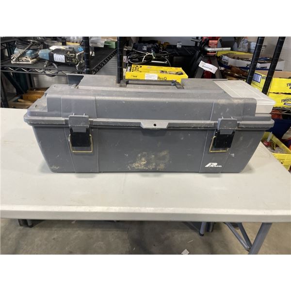 TOOL BOX WITH POWER TOOLS, CHARGERS, DEWALT LIGHT ETC