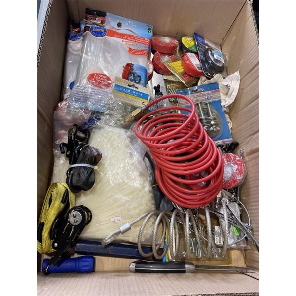 BOX OF TOOLS, ELECTRICAL TAPE, VACUUM STORAGE BAGS AND MORE