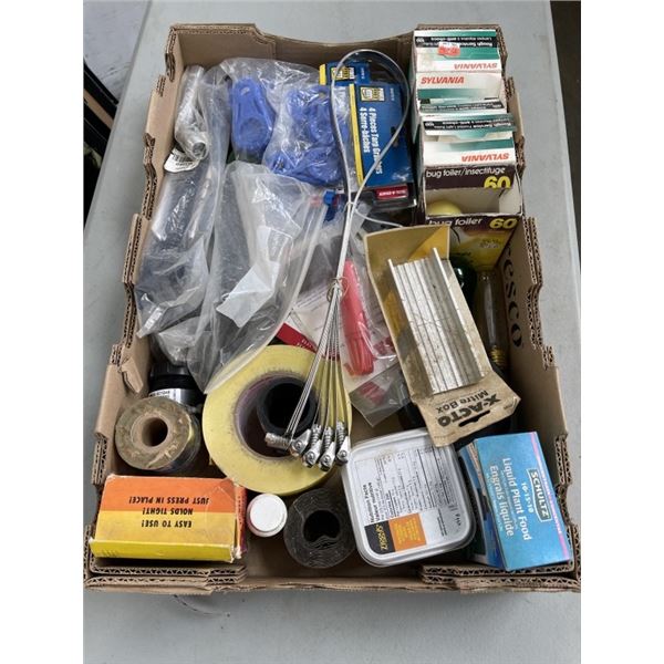 TRAY OF SHOP SUPPLIES. CLAMPS, LIGHTBULBS, ETC
