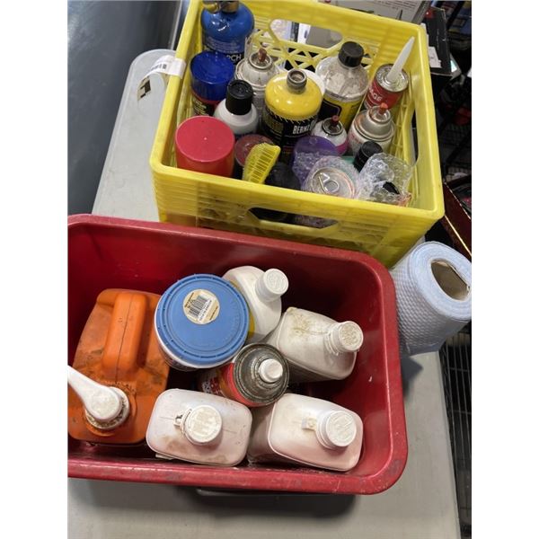 TOTE AND BUCKET OF ASSORTED SHOP SPRYAS AND TORCH CANNISTERS ETC