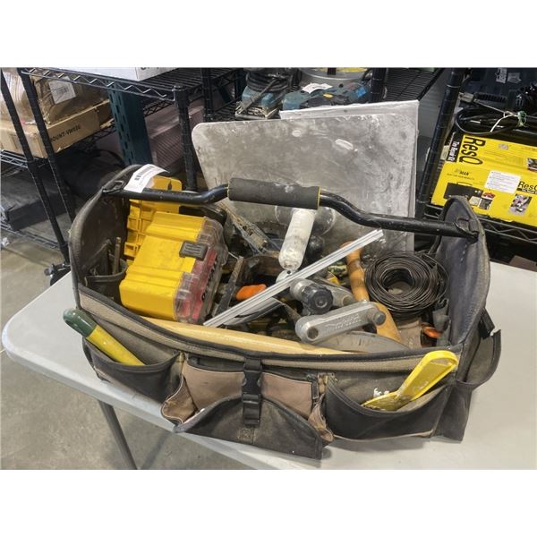 TOOL TOTE WITH ASSORTED HAND TOOLS AND STILETTO HAMMER HANDLE