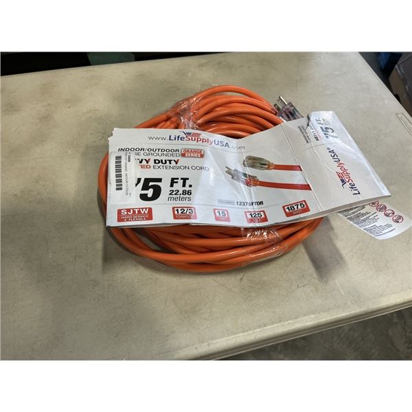 AS NEW 75FT ORANGE  INDOOR OUTDOOR HEAVY DUTY LIGHTED 3 WIRE GROUNDED EXTENSION CORD 12AWG