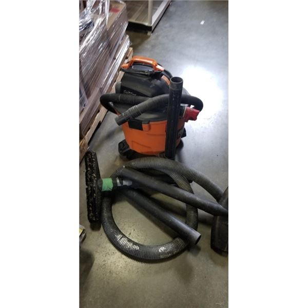 RIDGID SHOP VAC WITH ACCESSORIES, MISSING A WHEEL