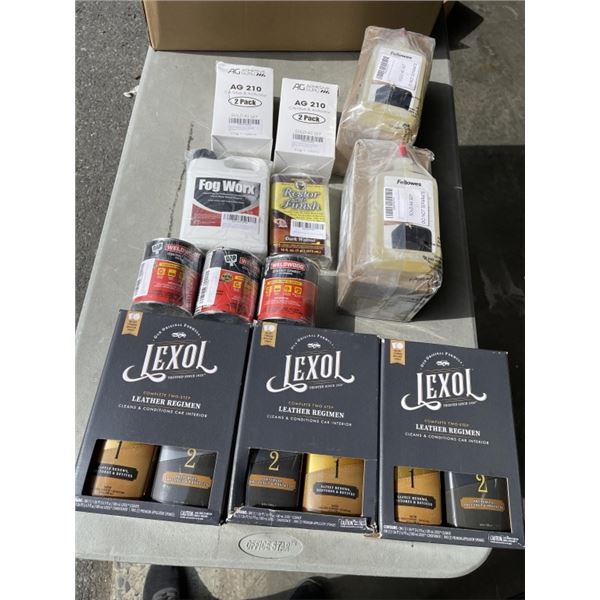 NEW AMAZON OVERSTOCK ITEMS INCULDING CONTACT CEMENT 2 STEP LEATHER CLEANER SETS  FOR INTERIOR AND AG