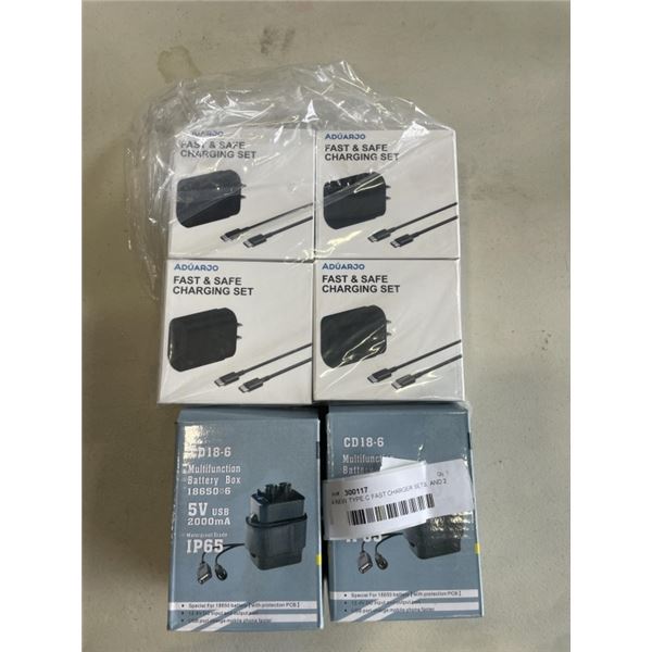 4 NEW TYPE C FAST CHARGER SETS, AND 2 NEW 18650 MULTI FUNCTION BATTERY BOXES