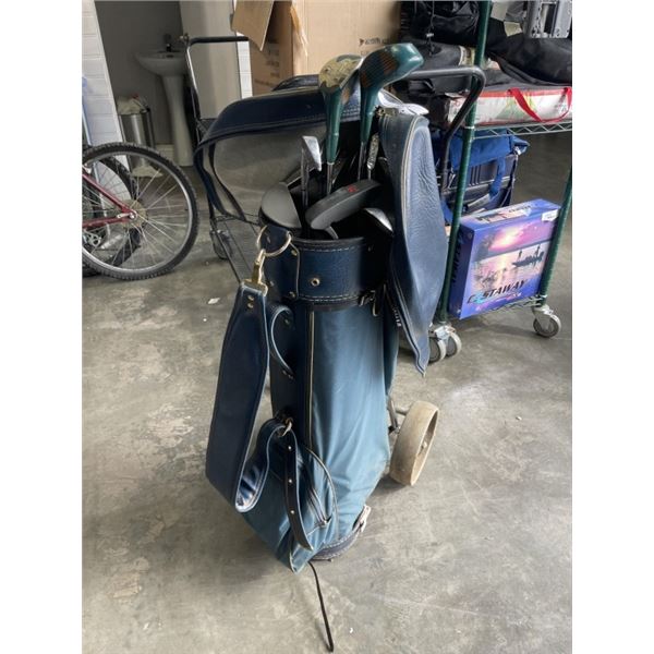 VINTAGE GOLF CLUBS W/ LEATHER GOLF BAG AND CART