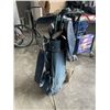 Image 1 : VINTAGE GOLF CLUBS W/ LEATHER GOLF BAG AND CART