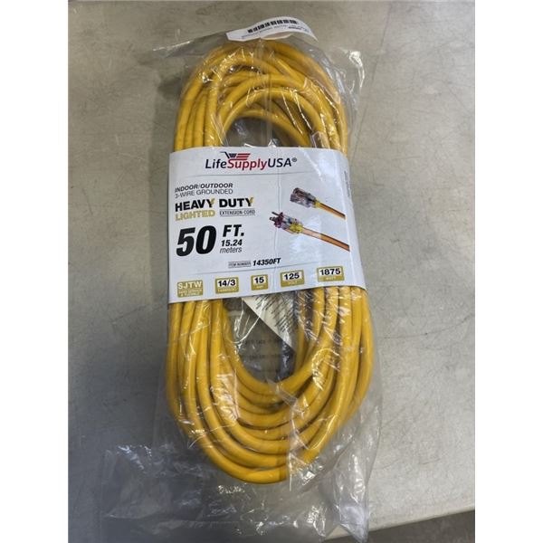 AS NEW 50FT YELLOW  INDOOR OUTDOOR HEAVY DUTY LIGHTED 3 WIRE GROUNDED EXTENSION CORD 14AWG