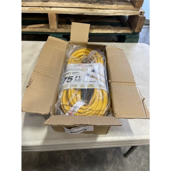 AS NEW 75FT YELLOW  INDOOR OUTDOOR HEAVY DUTY LIGHTED 3 WIRE GROUNDED EXTENSION CORD 14AWG