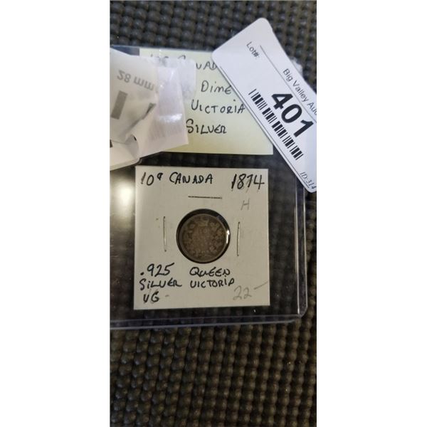 1874 CANADIAN SILVER DIME QUEEN VICTORIA .925 SILVER