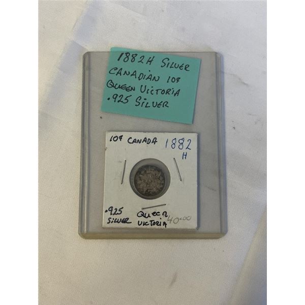 1882 H SILVER CANADIAN 10 CENT QUEEN VICTORIA .925 SILVER