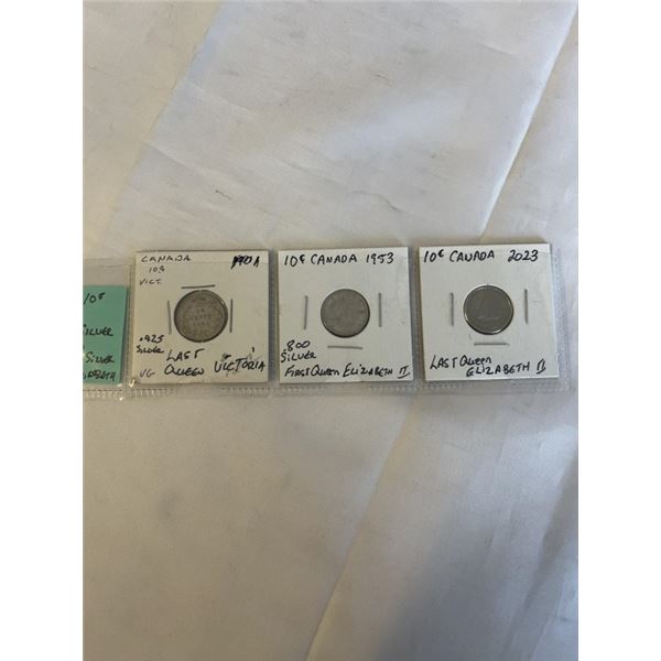 3 CANADIAN 10 CENT 1901 LAST VICTORIA 1953 FIRST ELIZABETH II 2023 LAST ELIZABETH II