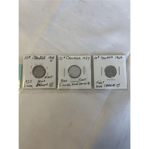 3 CANADIAN 10 CENT 1902 EDWARD VII (.925) 1937 GEROGE V (.800) 1924 FIRST CHARLES III