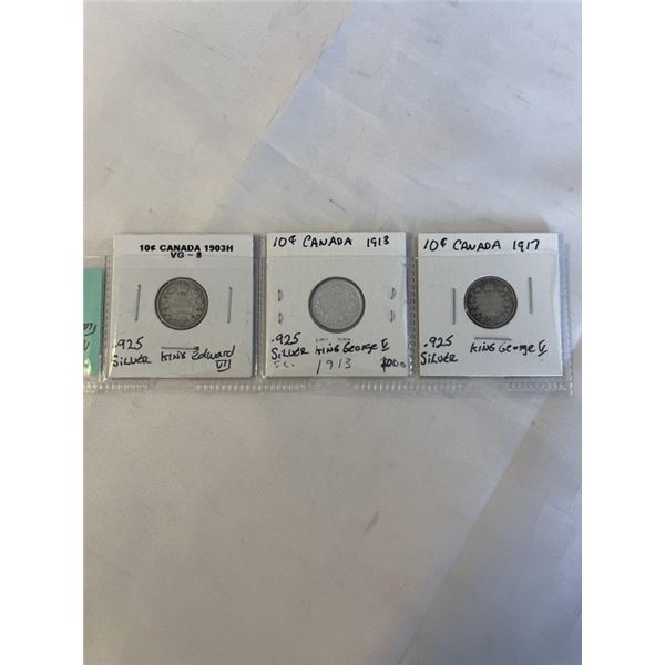 3 CANADIAN SILVER 10 CENT 1903 EDWARD VII, 1913 AND 1917 .925 SILVER