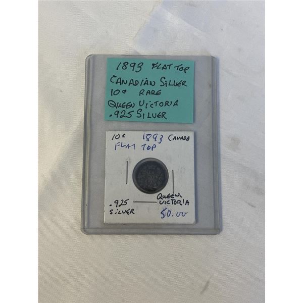 1893 FLAT TOP CANADIAN SILVER 10 CENT - RARE - QUEEN VICTORIA .925 SILVER