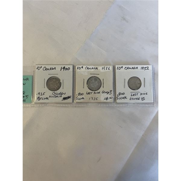 3 CANADIAN SILVER (.925) 1900 QUEEN VICTORIA 10 CENT, LAST GEORGE V 1952 LAST KING GOERGE VI .800 SI