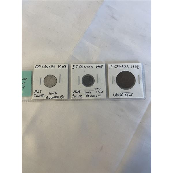 3 1908 CANADIAN COINS - 10 CENT SMALL 5 CENT .925 PLUS LARGE CENT