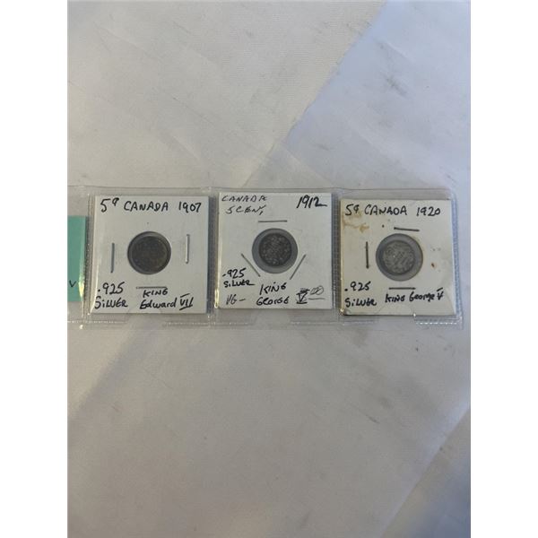 3 CANADIAN SMALL 5 CENTS, 1907 EDWARD VII, 1912 AND 1920 GEORGE V