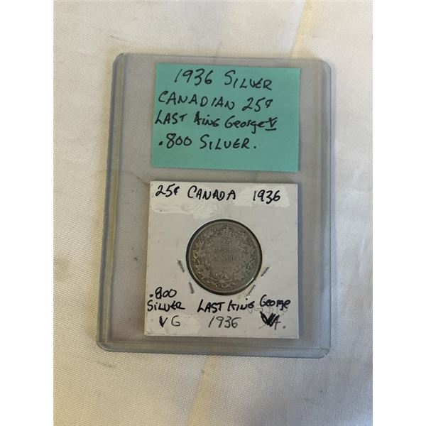 1936 SILVER CANADIAN 25 CENT LAST GEORGE V .800 SILVER