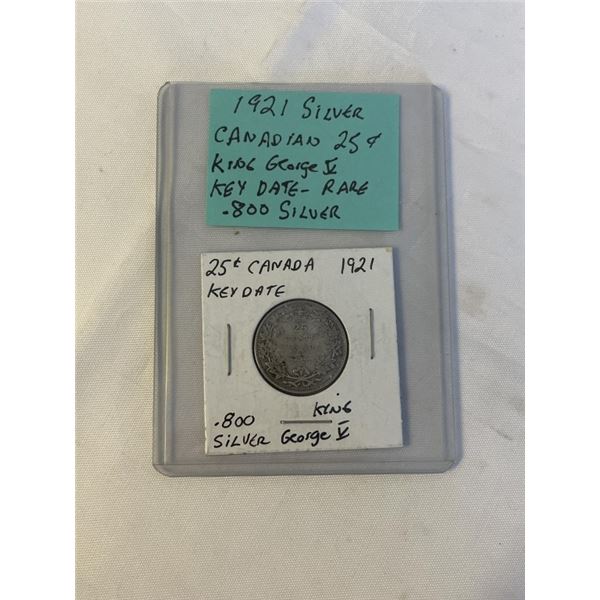 1921 SILVER CANADIAN 25 CENT GEORGE V KEY DATE RARE .800 SILVER