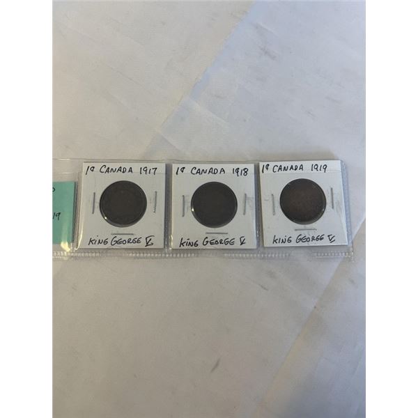 3 CANADIAN LARGE CENTS 1917, 1918, 1919 GEORGE V