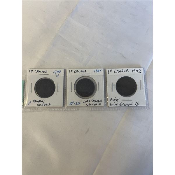 3 CANADIAN LARGE CENTS 1900 H QUEEN VICTORIA 1902 EDWARD VII